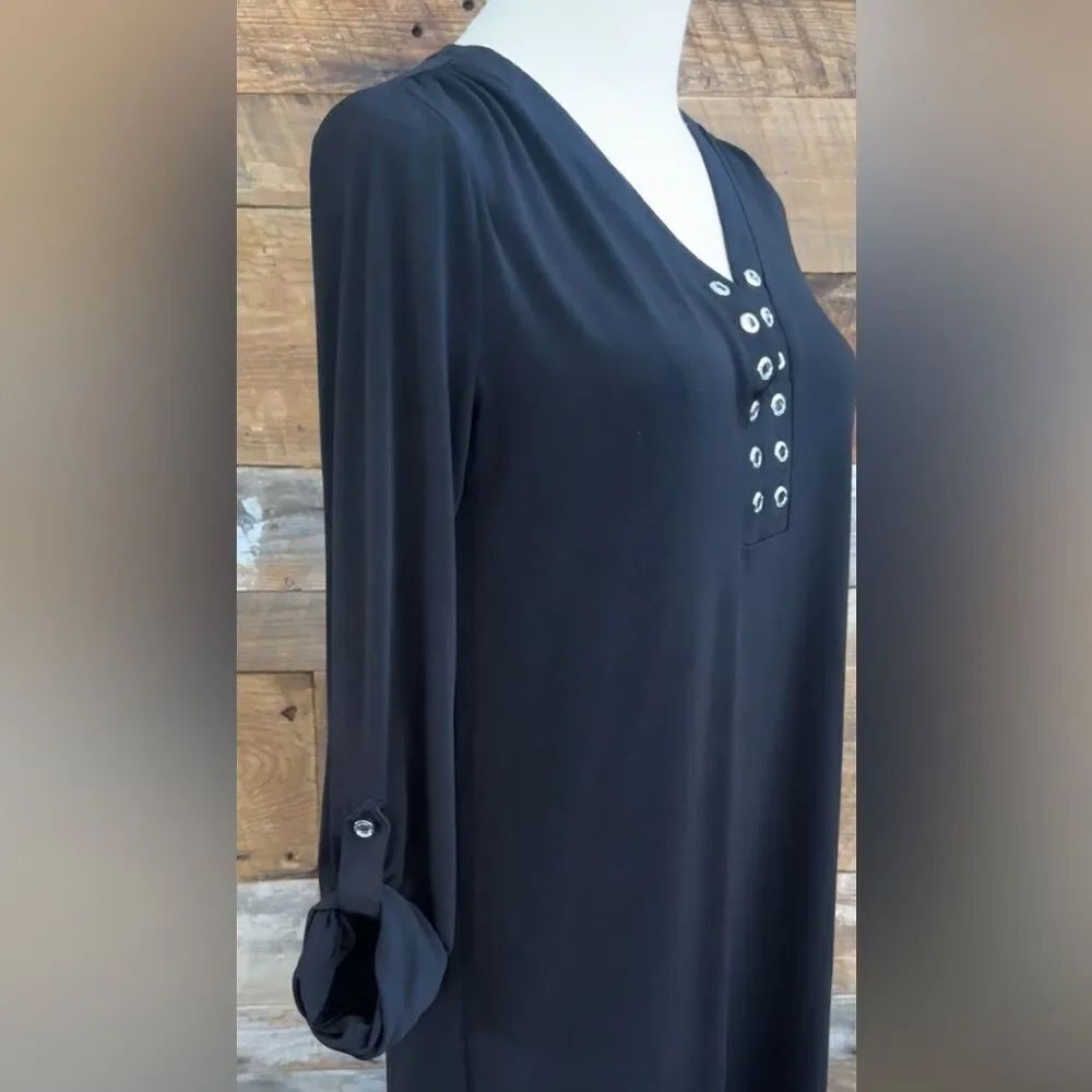 Michael Kors Black V-neck Long roll Sleeve Dress with Silver eyelet Details Sz M - Picture 5 of 12